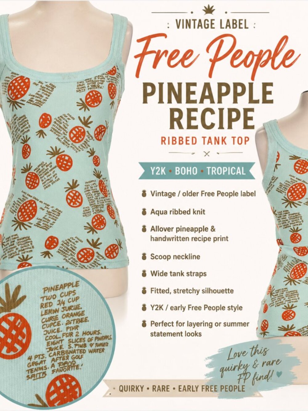 Vintage Label Free People Pineapple Recipe Ribbed Tank Y2K Boho Beach Retro Sm